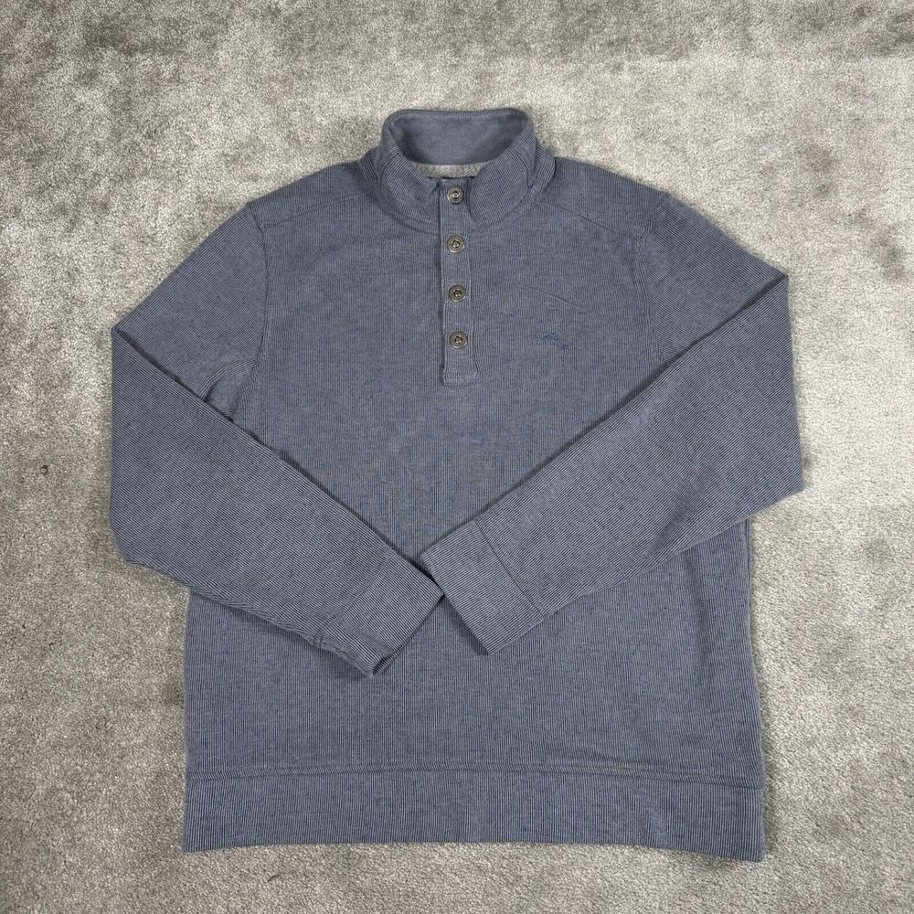 Tommy Bahama Sweater Mens Medium Heathered Blue Fleece 1/4 Quarter Snap Pullover